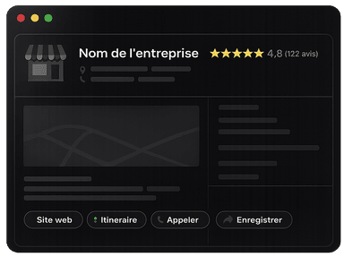 Illustration d'une fiche Google Business Profile avec note 4,8/5 et boutons Itineraire/Appeler